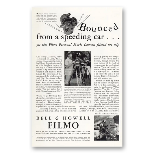 1932 Filmo Camera Bounced From a Speeding Car Vintage Magazine Print Ad