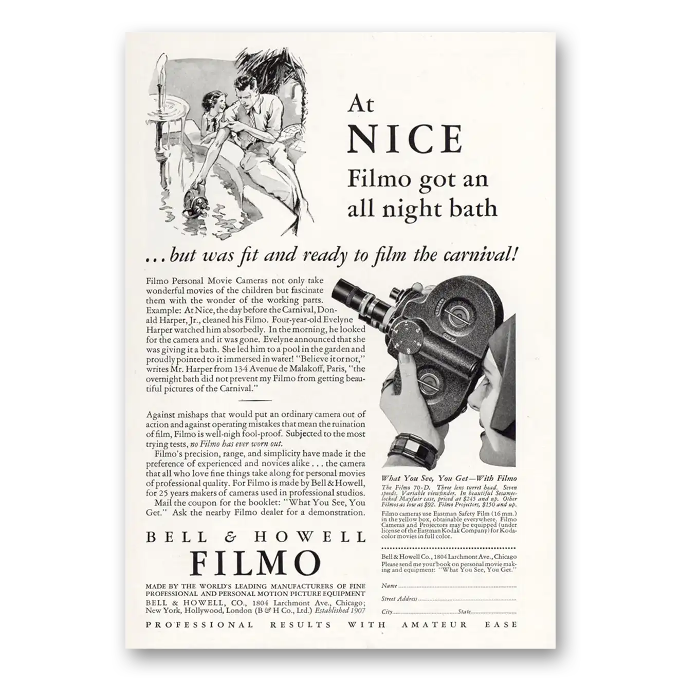 1932 Filmo Camera At Nice Filmo Got An All Night Bath Vintage Magazine Print Ad