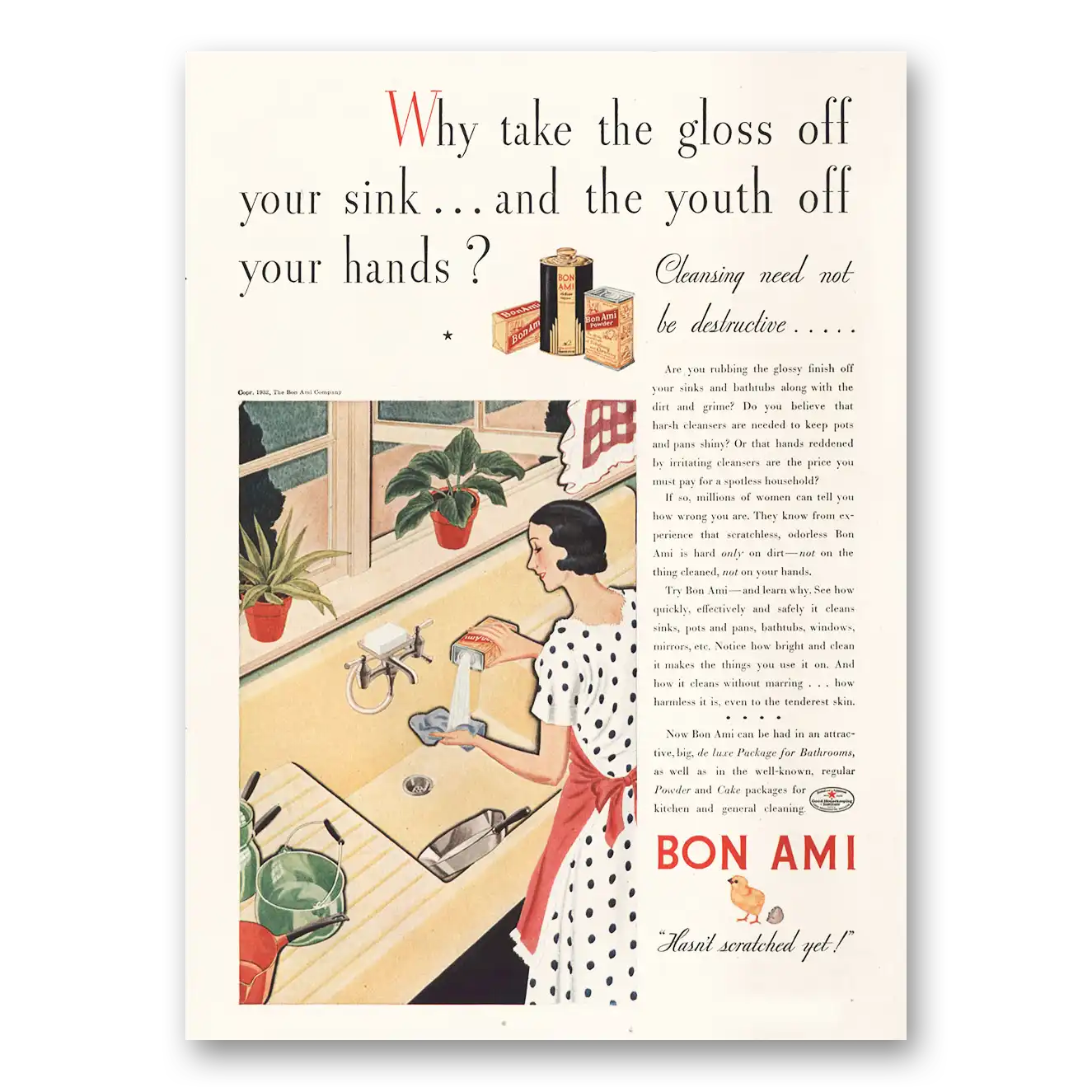 1932 Bon Ami Cleaning Powder Why Take the Gloss Off Your Sink Vintage Magazine Print Ad