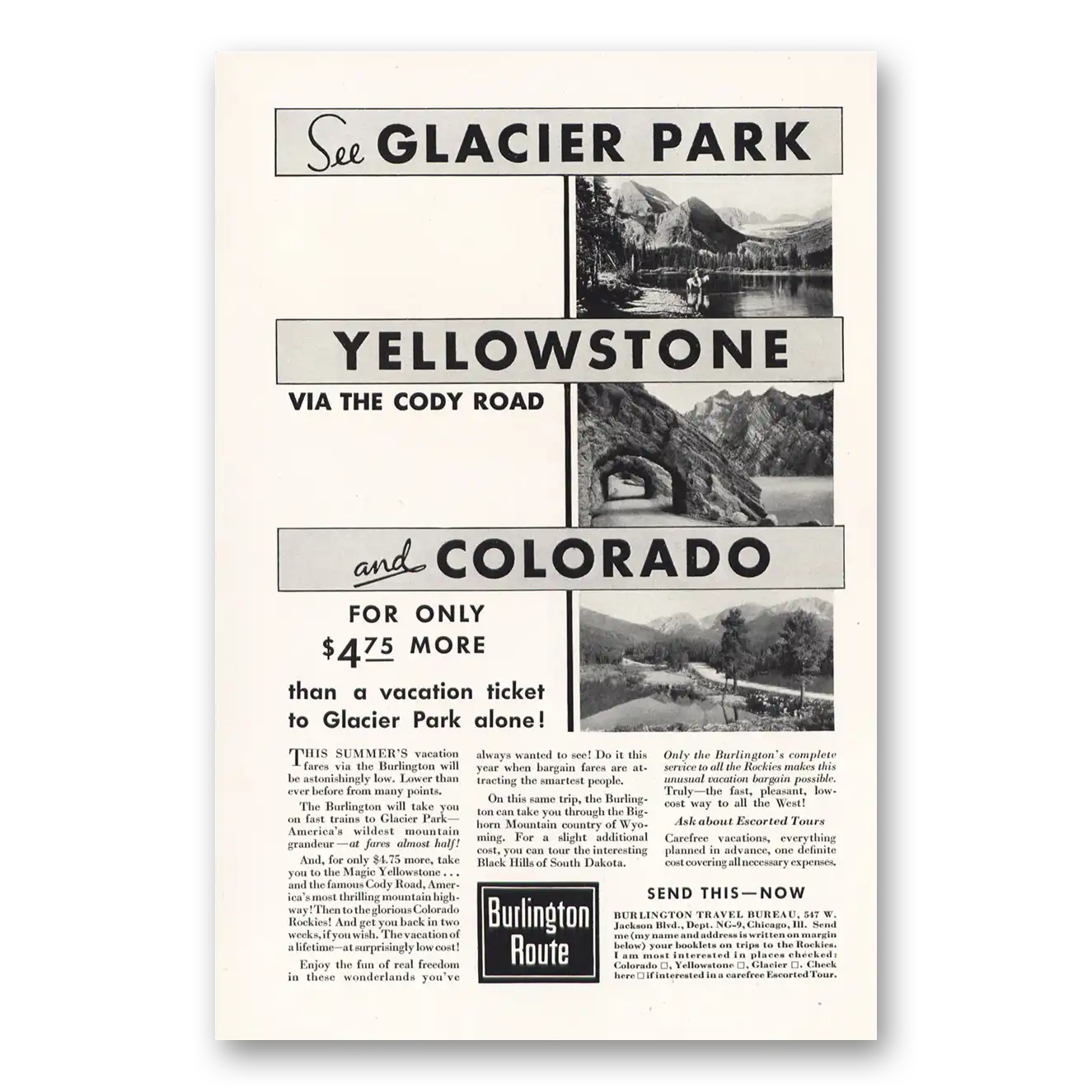 1932 Burlington Route Yellowstone Via the Cody Road Vintage Magazine Print Ad