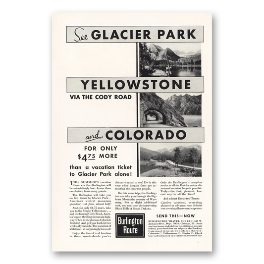 1932 Burlington Route Yellowstone Via the Cody Road Vintage Magazine Print Ad