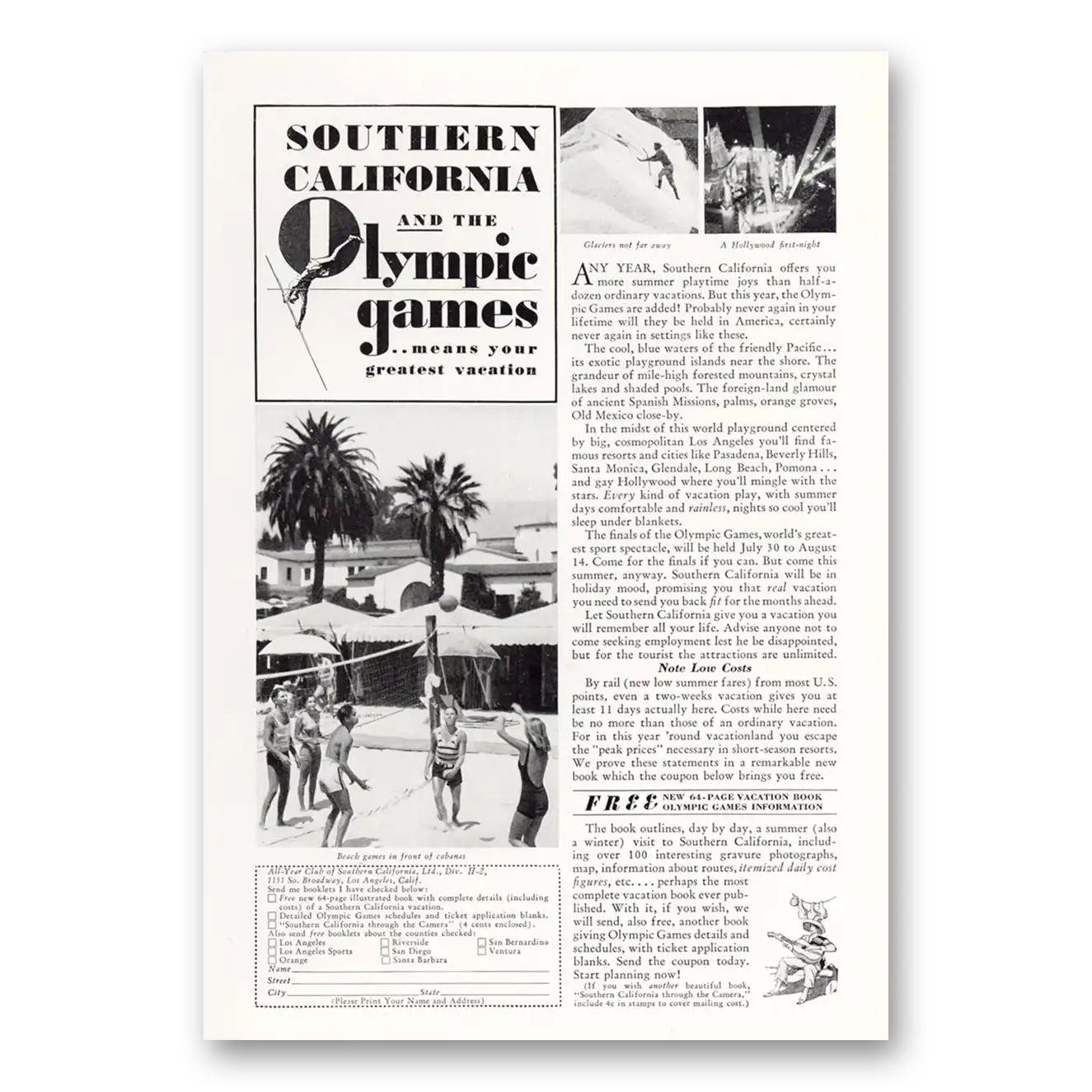 1932 Southern California Olympic Games Vintage Magazine Print Ad