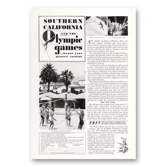 1932 Southern California Olympic Games Vintage Magazine Print Ad