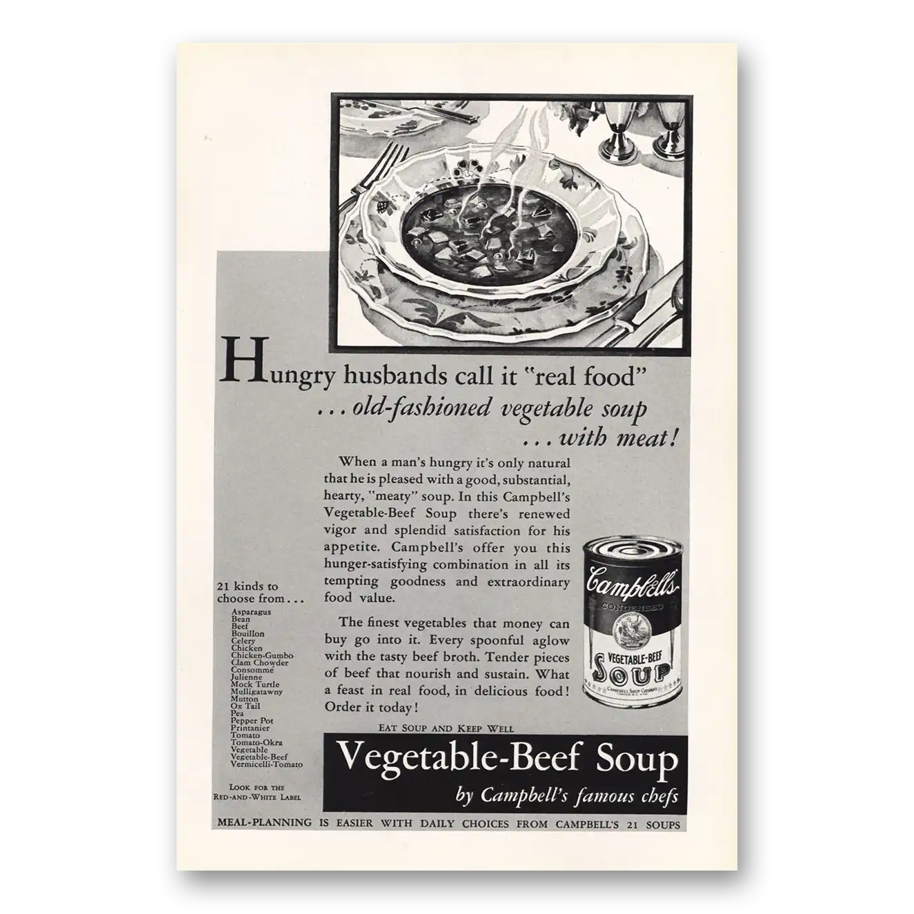 1932 Campbells Vegetable Beef Soup Hungry Husbands Call It Real Food Vintage Magazine Print Ad