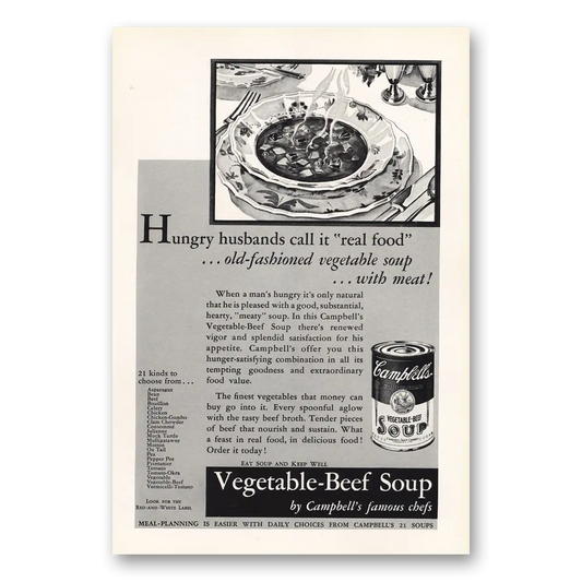 1932 Campbells Vegetable Beef Soup Hungry Husbands Call It Real Food Vintage Magazine Print Ad