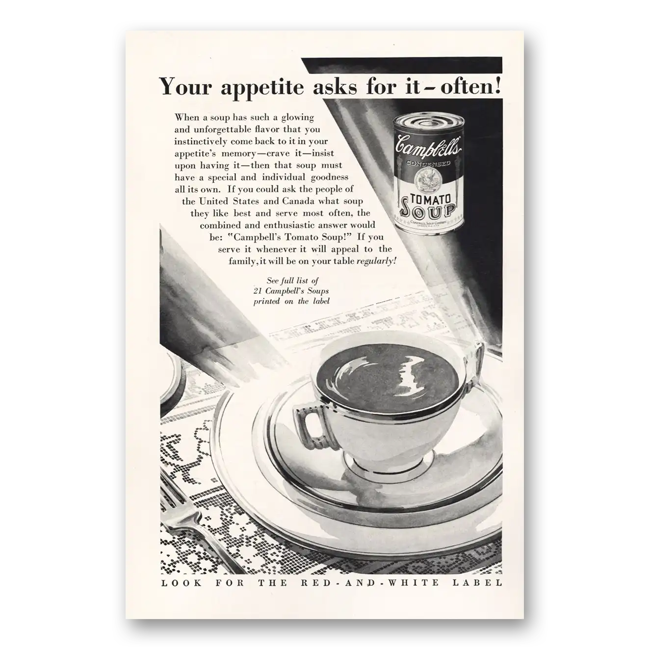 1932 Campbells Tomato Soup Your Appetite Asks For It Vintage Magazine Print Ad