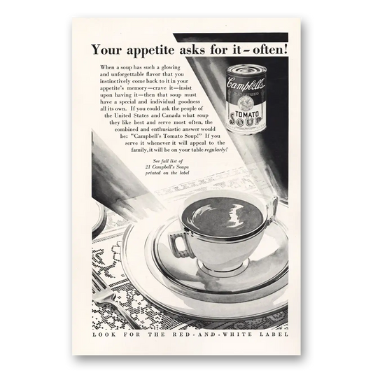 1932 Campbells Tomato Soup Your Appetite Asks For It Vintage Magazine Print Ad