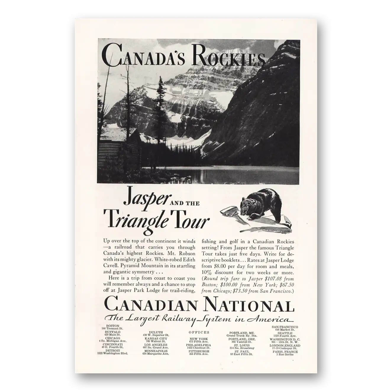 1932 Canadian National Railways Jasper and the Triangle Tour Vintage Magazine Print Ad