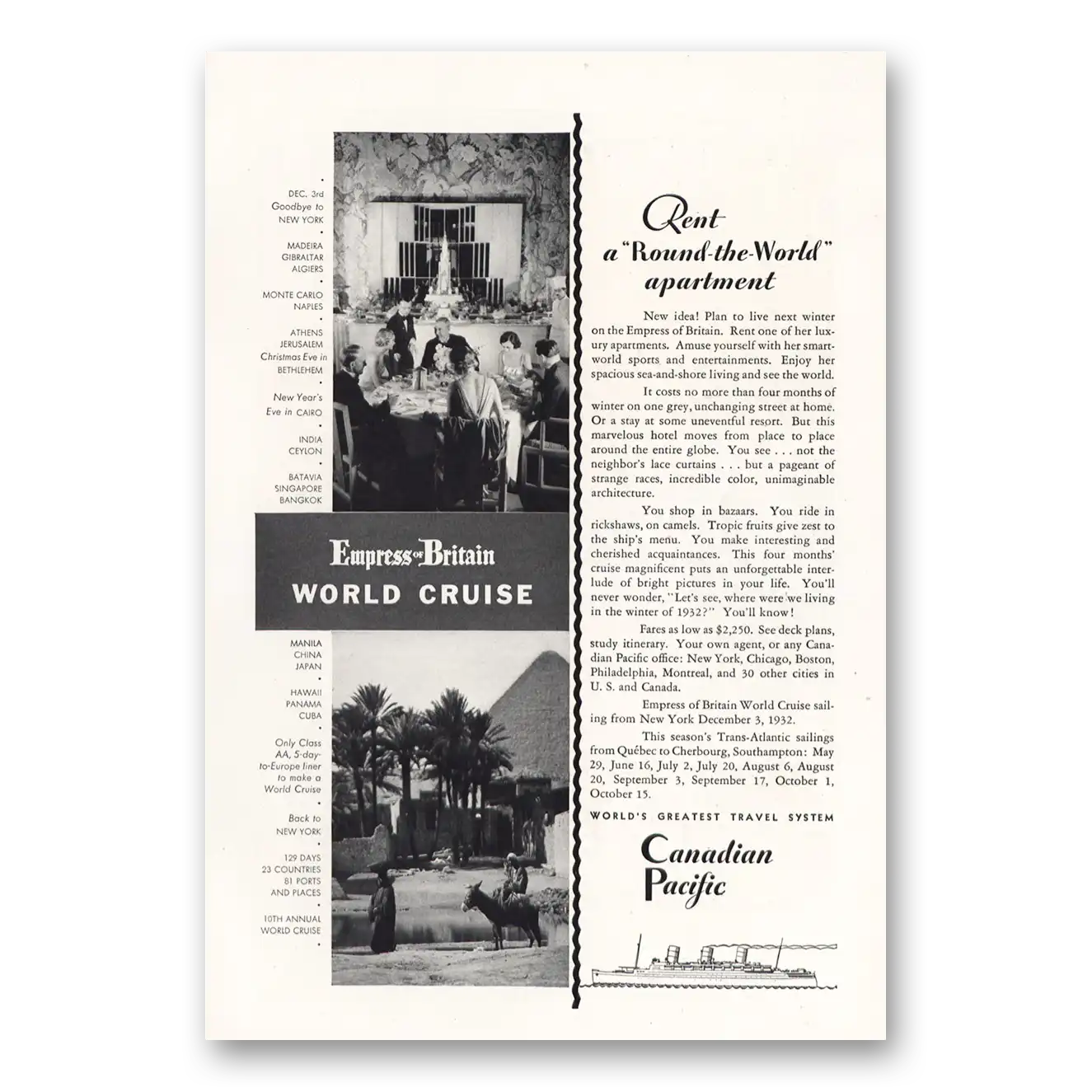 1932 Canadian Pacific Rent Round the World Apartment Vintage Magazine Print Ad