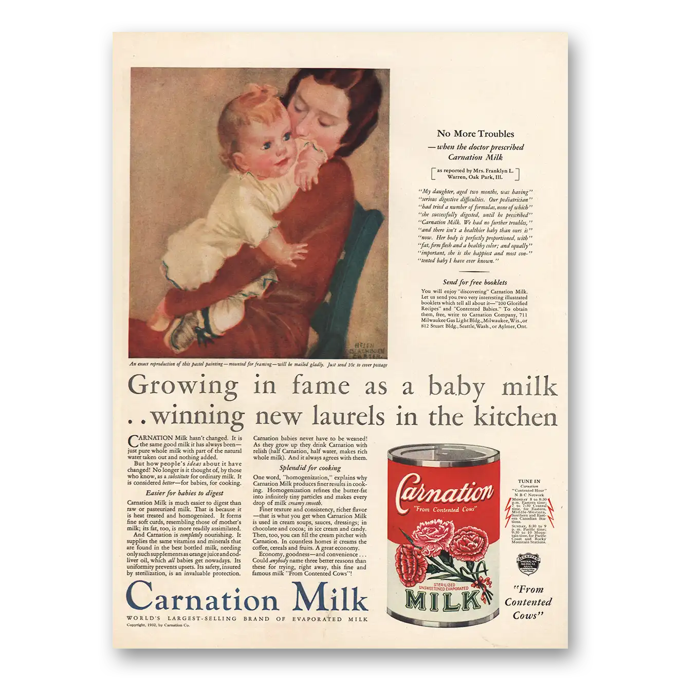 1932 Carnation Milk Growing In Fame as Baby Milk Vintage Magazine Print Ad