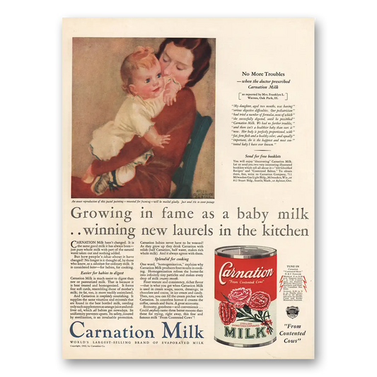 1932 Carnation Milk Growing In Fame as Baby Milk Vintage Magazine Print Ad