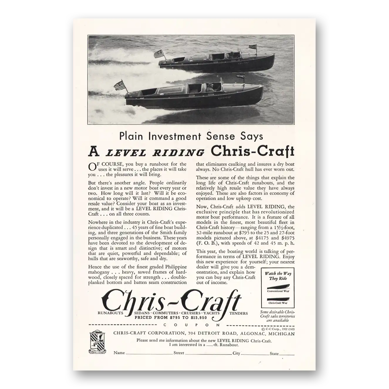 1932 Chris Craft Plain Investment Sense Level Riding Vintage Magazine Print Ad