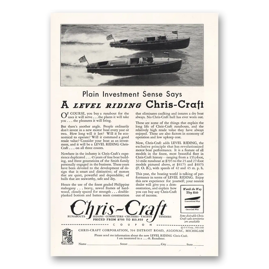 1932 Chris Craft Plain Investment Sense Level Riding Vintage Magazine Print Ad