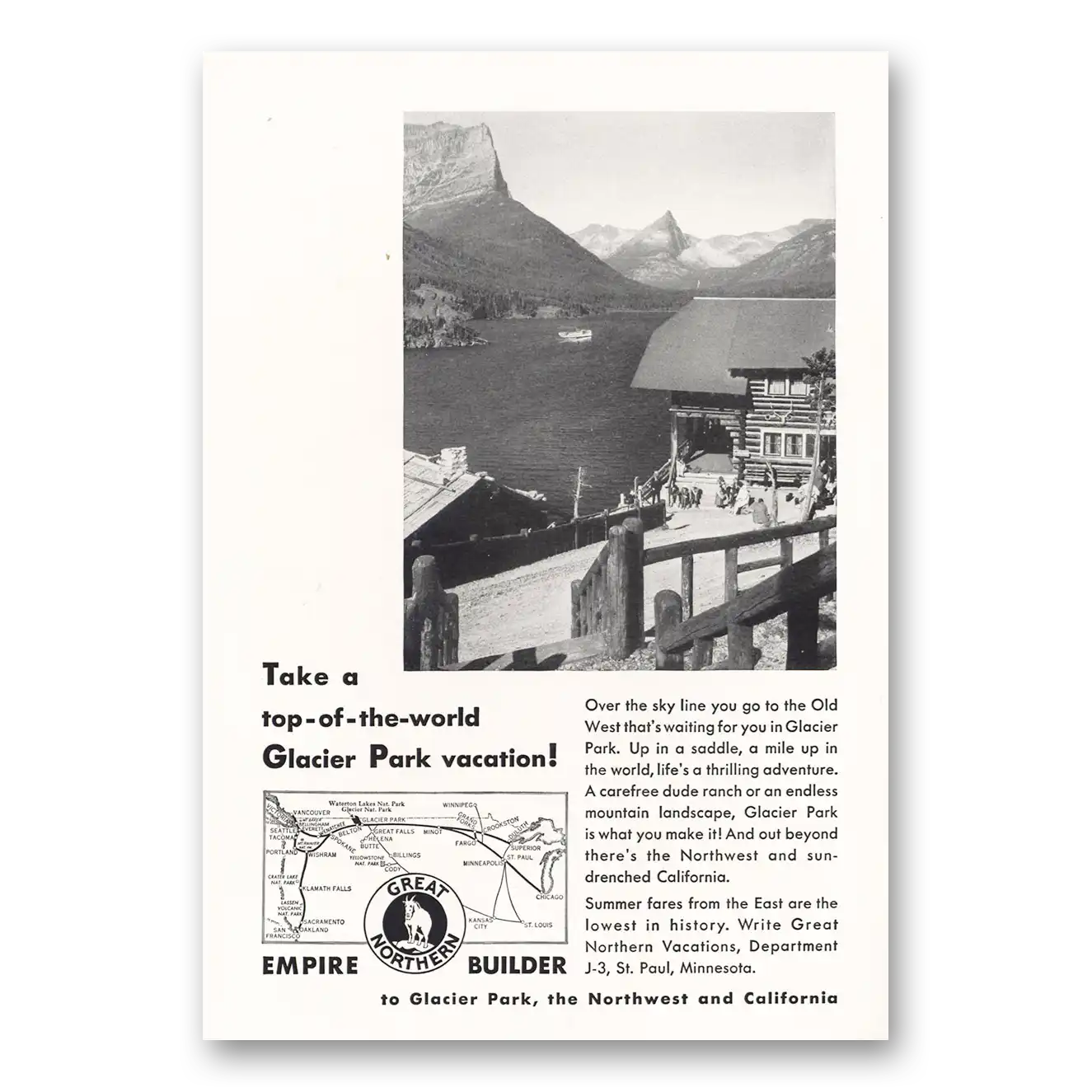 1932 Great Northern Railway Empire Builder Top of the World Glacier Park Vintage Magazine Print Ad