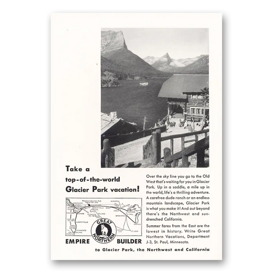 1932 Great Northern Railway Empire Builder Top of the World Glacier Park Vintage Magazine Print Ad