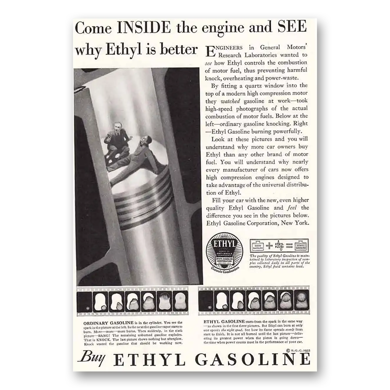 1932 Ethyl Gasoline Come Inside the Engine Vintage Magazine Print Ad