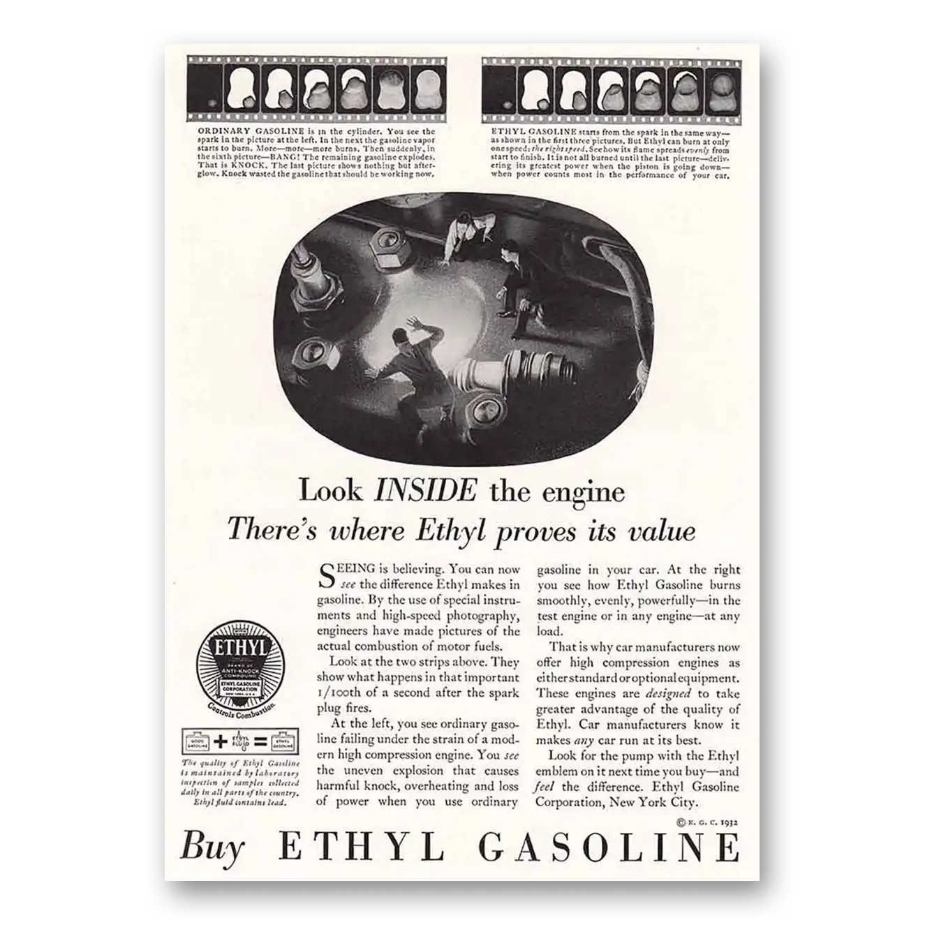 1932 Ethyl Gasoline Look Inside the Engine Vintage Magazine Print Ad