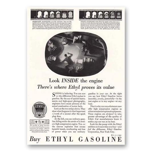 1932 Ethyl Gasoline Look Inside the Engine Vintage Magazine Print Ad