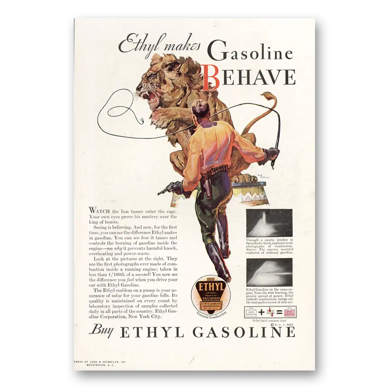 1932 Ethyl Gasoline Makes Gasoline Behave Vintage Magazine Print Ad