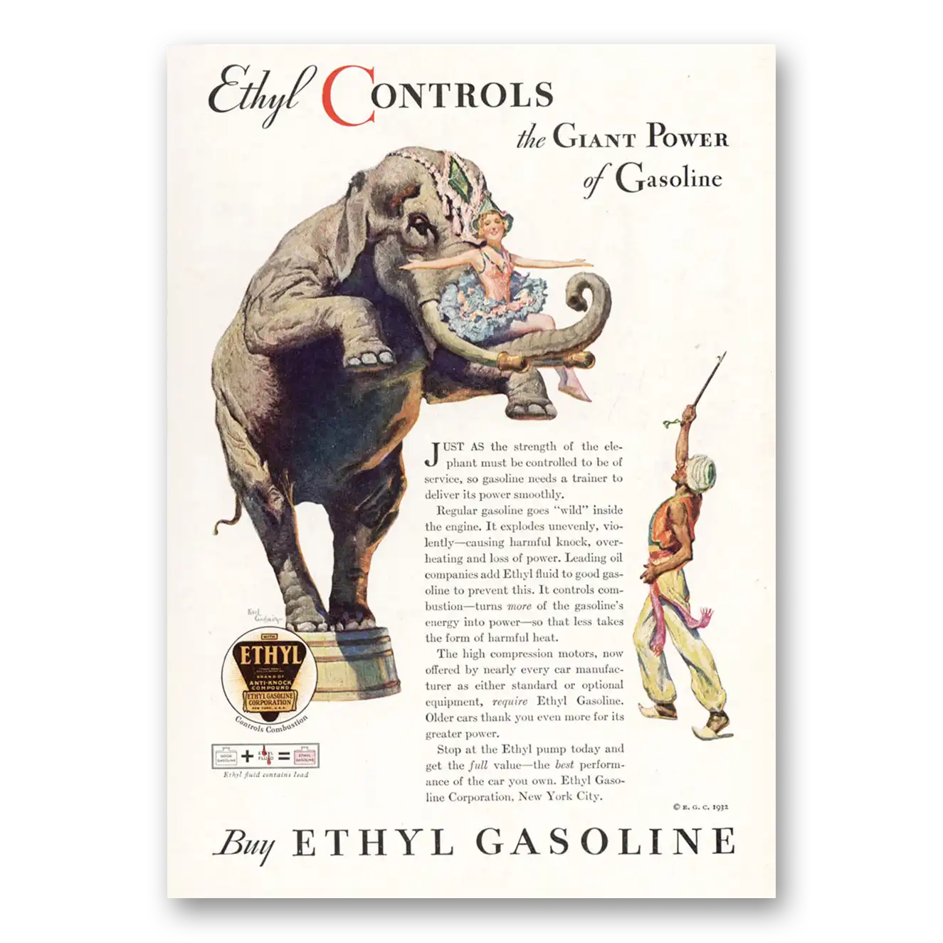 1932 Ethyl Gasoline Giant Power Elephant Vintage Magazine Print Ad