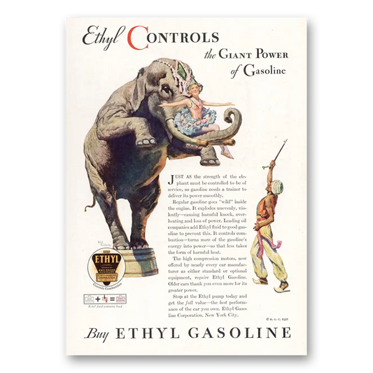 1932 Ethyl Gasoline Giant Power Elephant Vintage Magazine Print Ad