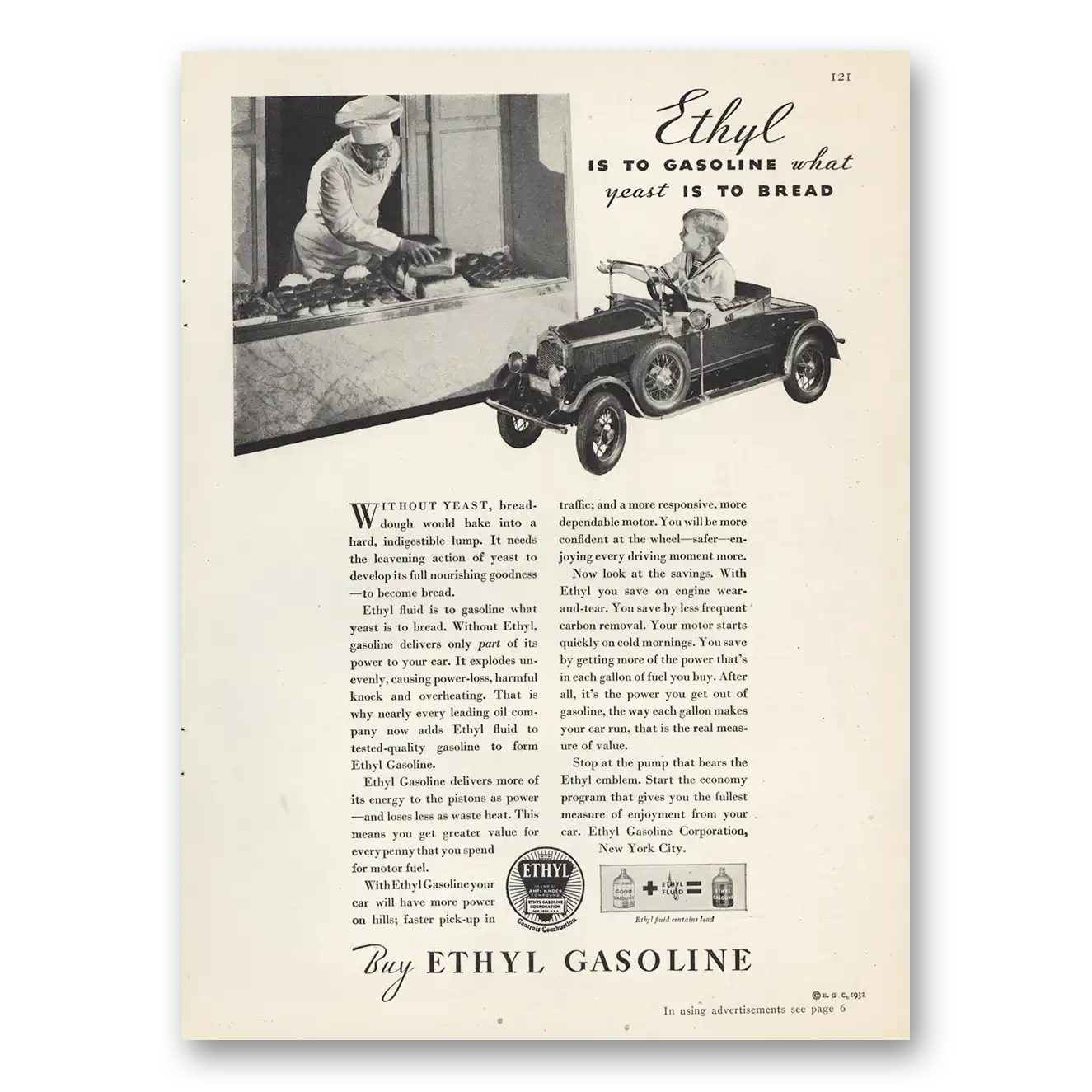 1932 Ethyl Gasoline What Yeast Is To Bread Toy Car Vintage Magazine Print Ad