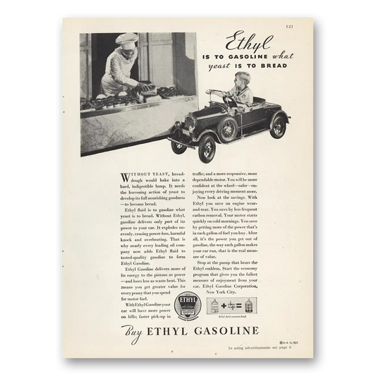 1932 Ethyl Gasoline What Yeast Is To Bread Toy Car Vintage Magazine Print Ad