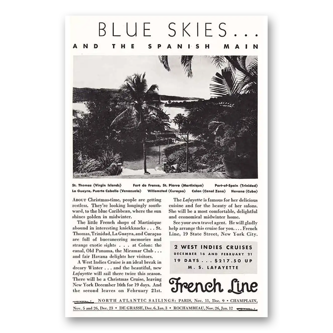 1932 French Line Blue Skies Vintage Magazine Print Ad