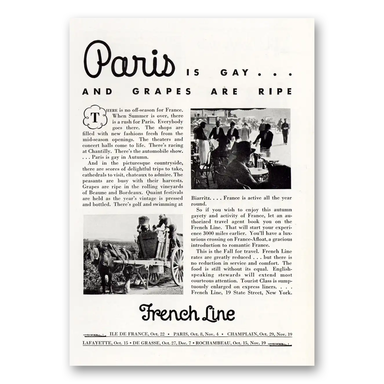 1932 French Line Paris is Gay and Grapes Are Ripe Vintage Magazine Print Ad