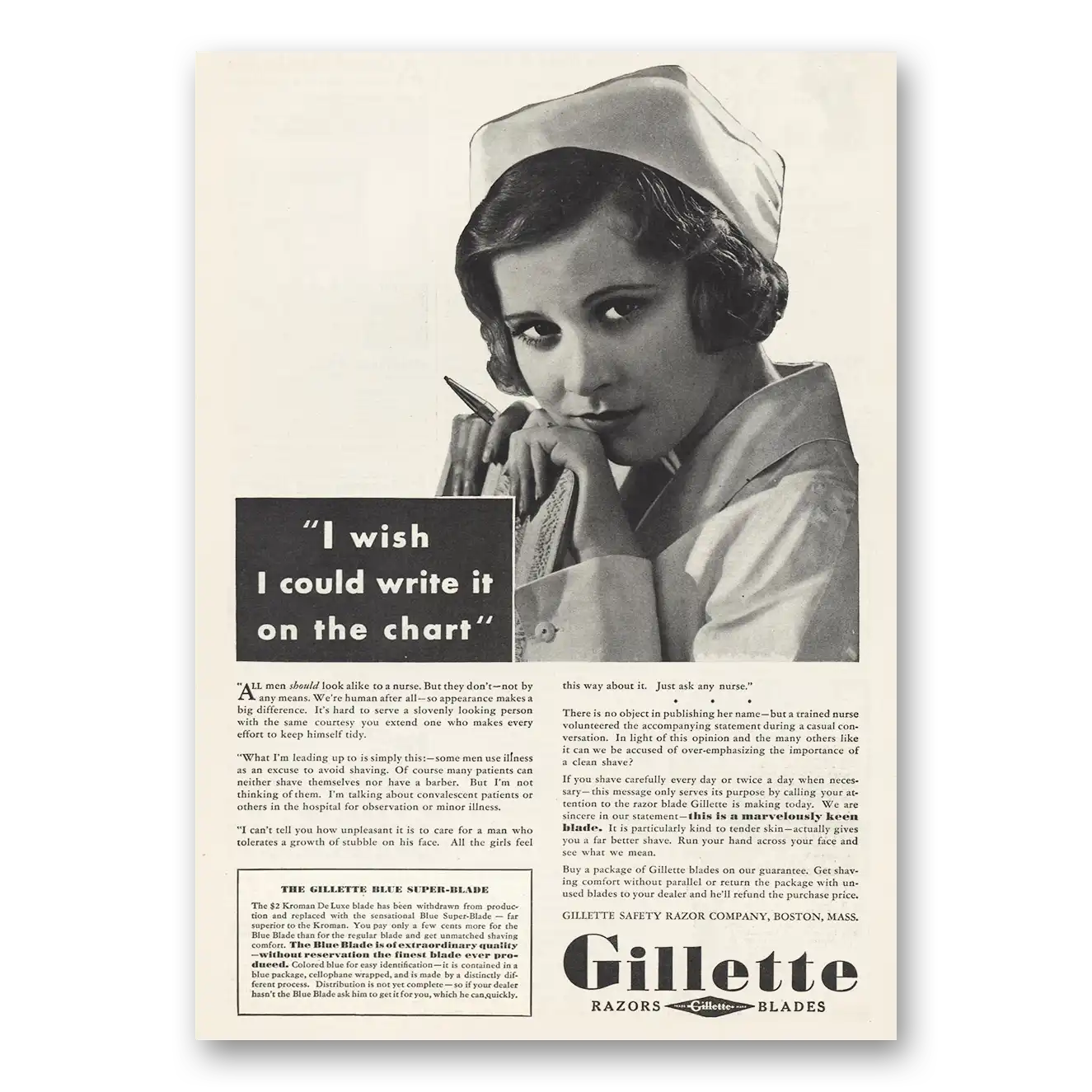 1932 Gillette Razor Blades I Wish I Could Write It On the Chart Nurse Vintage Magazine Print Ad