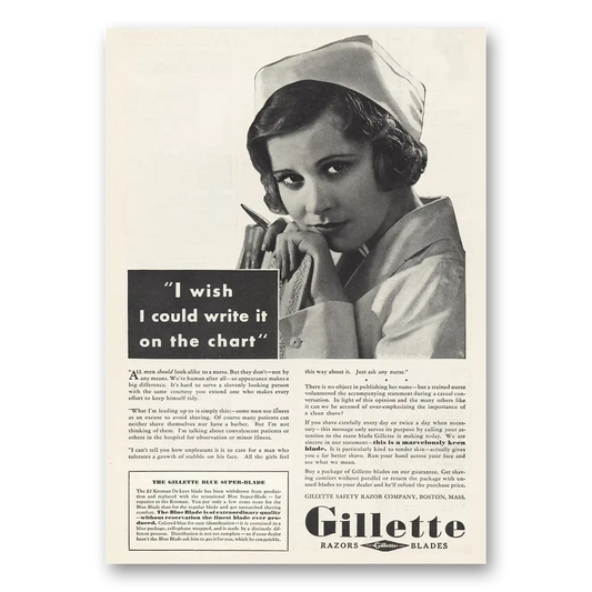 1932 Gillette Razor Blades I Wish I Could Write It On the Chart Nurse Vintage Magazine Print Ad