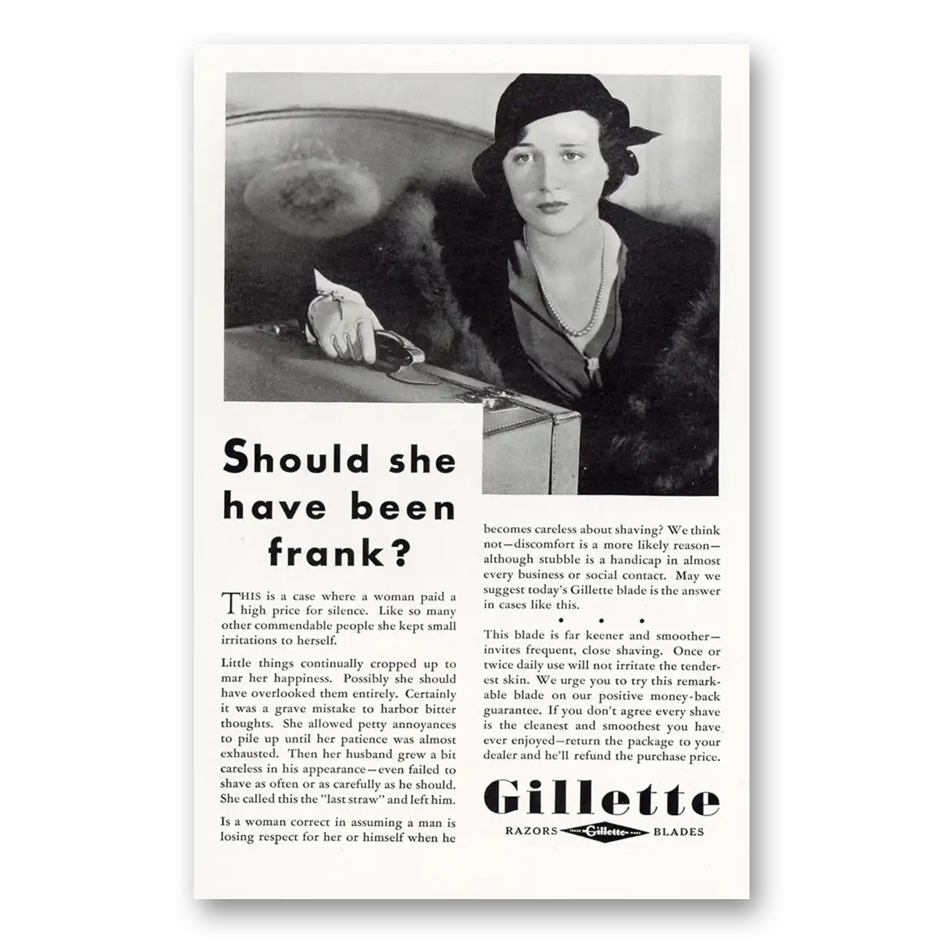 1932 Gillette Razor Blades Should She Have Been Frank Vintage Magazine Print Ad