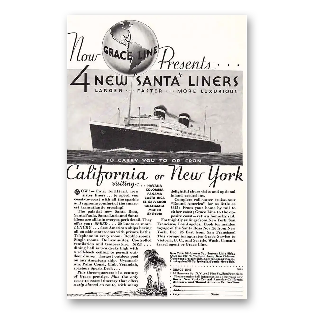 1932 Grace Line Santa Liners Vintage Magazine Print Ad