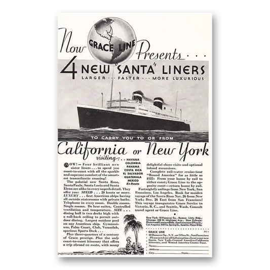 1932 Grace Line Santa Liners Vintage Magazine Print Ad