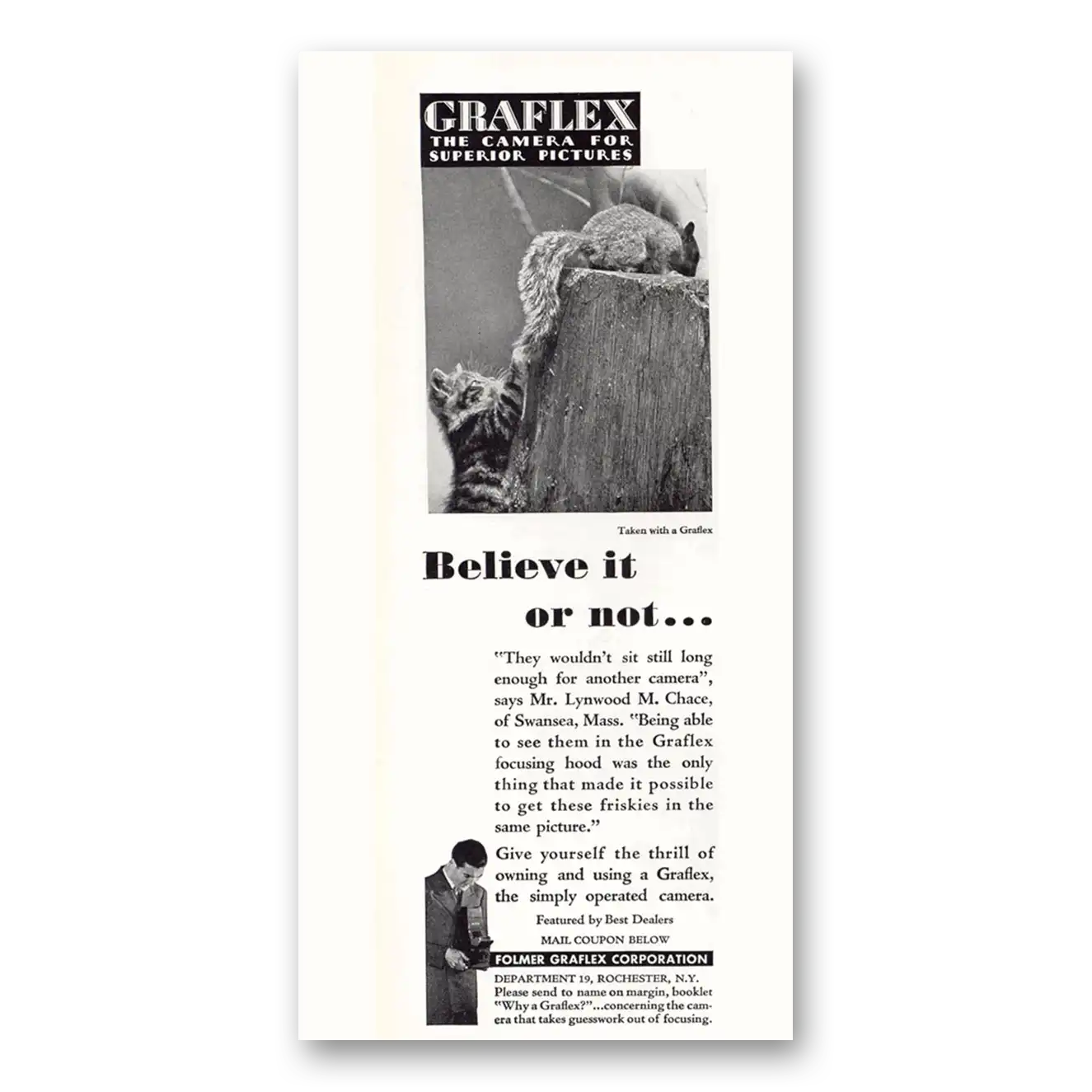 1932 Graflex Cameras Believe It or Not Squirrel Cat Vintage Magazine Print Ad