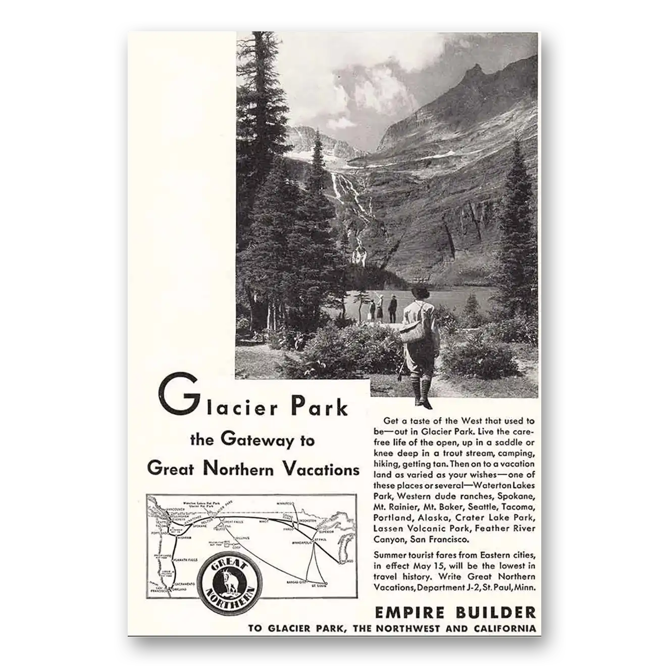 1932 Great Northern Railway Glacier Park Gateway Vintage Magazine Print Ad