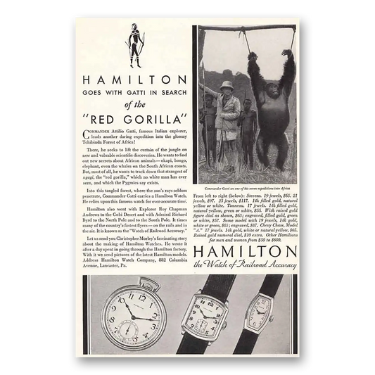 1932 Hamilton Watch Goes With Gatti Red Gorilla Vintage Magazine Print Ad