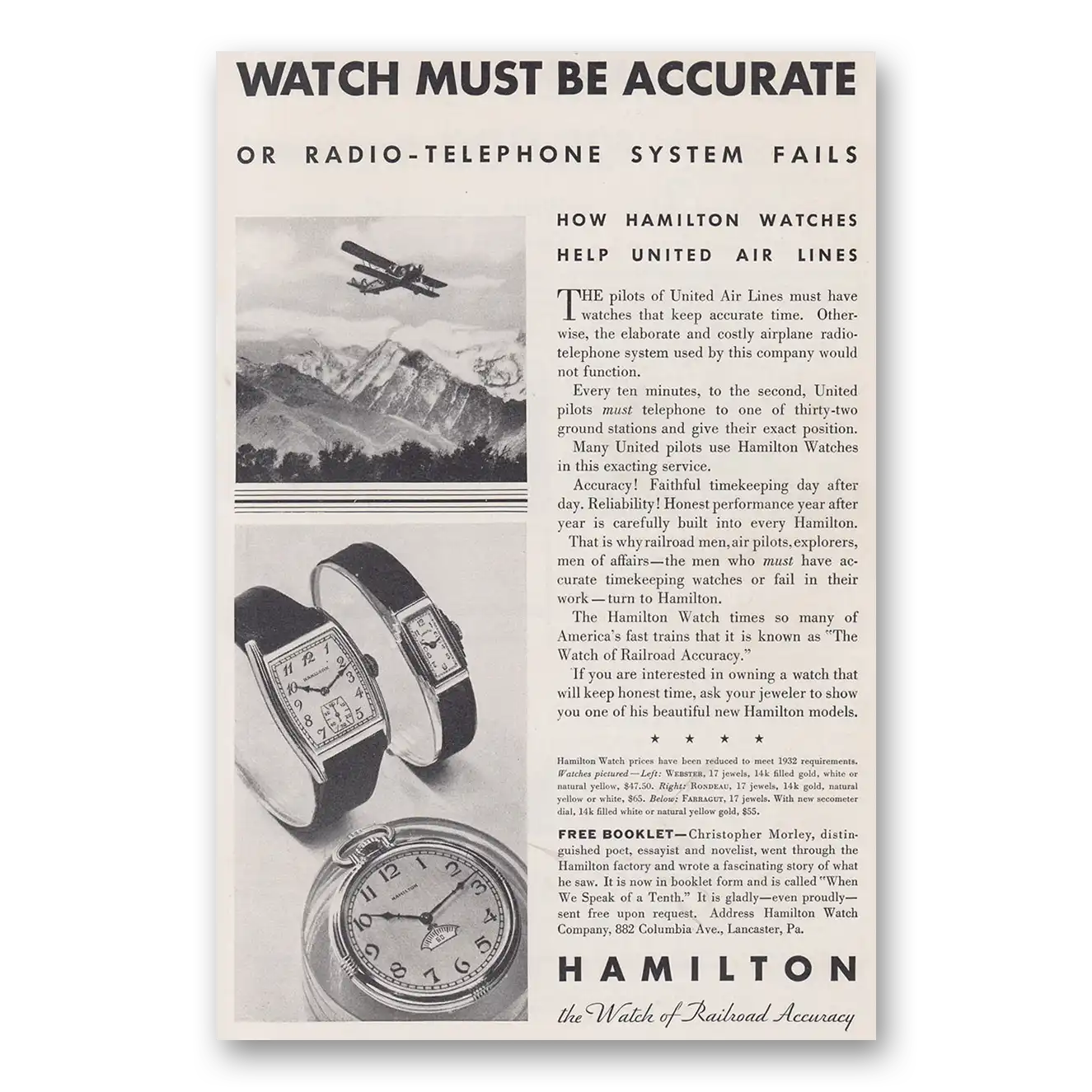 1932 Hamilton Watch Must Be Accurate Vintage Magazine Print Ad