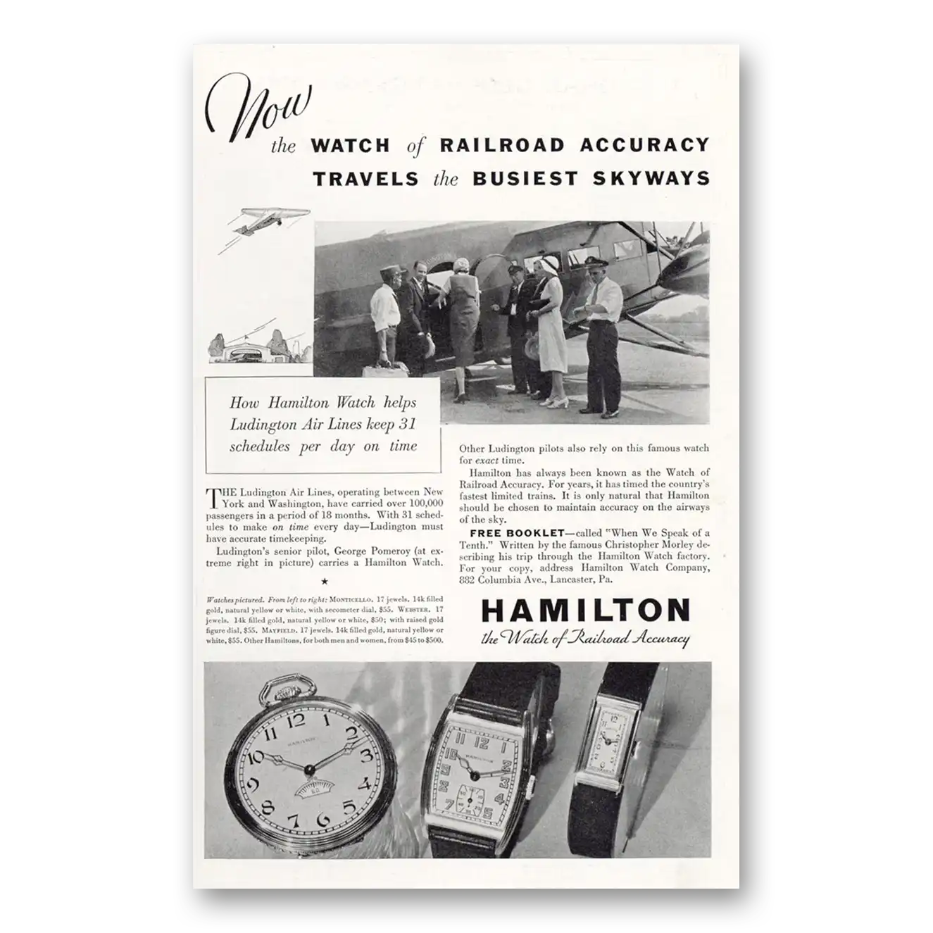 1932 Hamilton Watch Travels the Busiest Skyways Vintage Magazine Print Ad