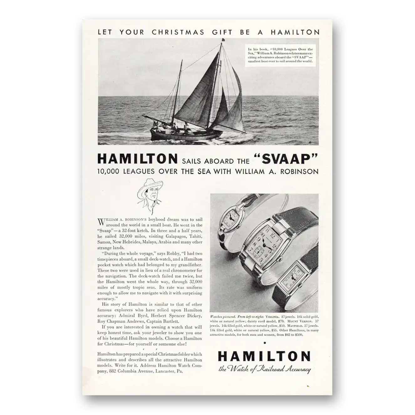 1932 Hamilton Watch Sails Aboard the SVAAP Vintage Magazine Print Ad