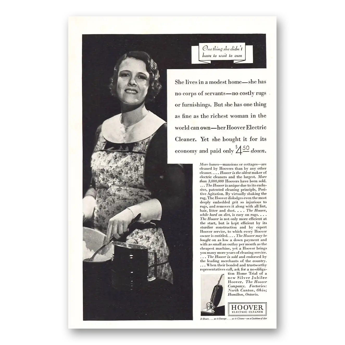 1932 Hoover Vacuum She Lives In a Modest Home Vintage Magazine Print Ad