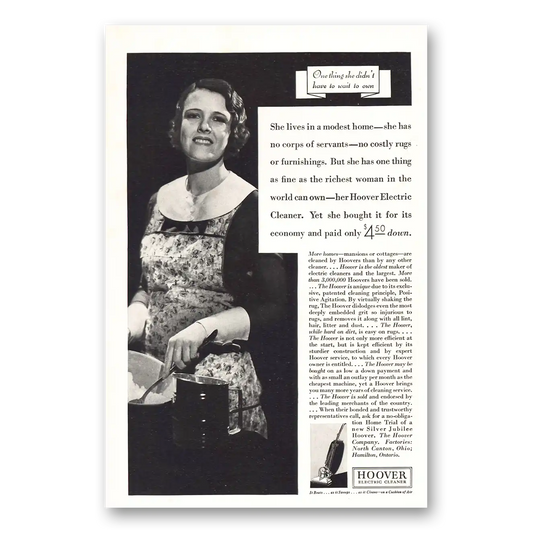 1932 Hoover Vacuum She Lives In a Modest Home Vintage Magazine Print Ad