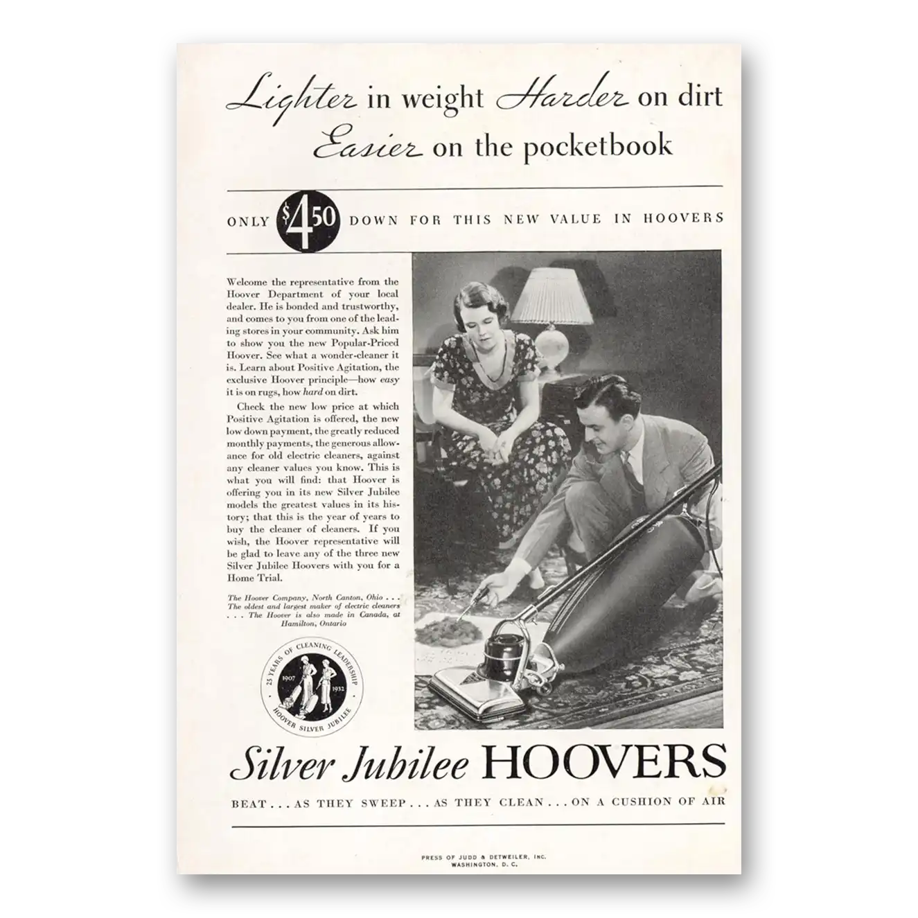 1932 Hoover Vacuum Silver Jubilee Hoover Vacuum Lighter In Weight Vintage Magazine Print Ad