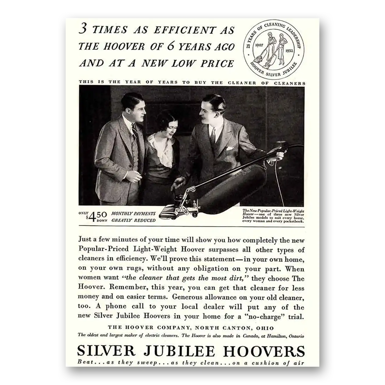 1932 Hoover Vacuum Silver Jubilee 3 Times as Efficient as the Hoover Vintage Magazine Print Ad