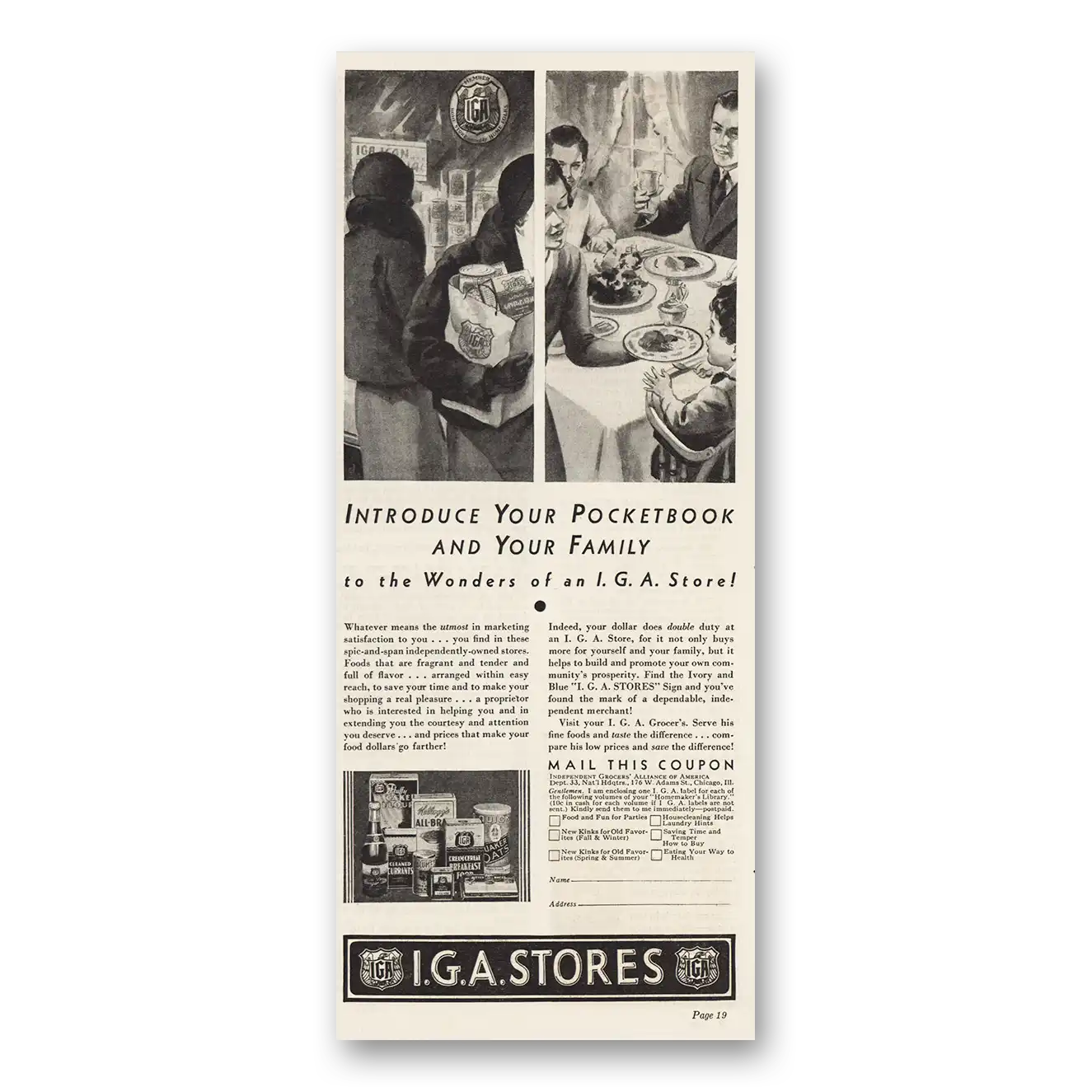 1932 IGA Stores Introduce Your Pocketbook Vintage Magazine Print Ad