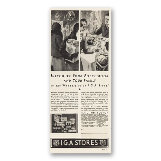 1932 IGA Stores Introduce Your Pocketbook Vintage Magazine Print Ad