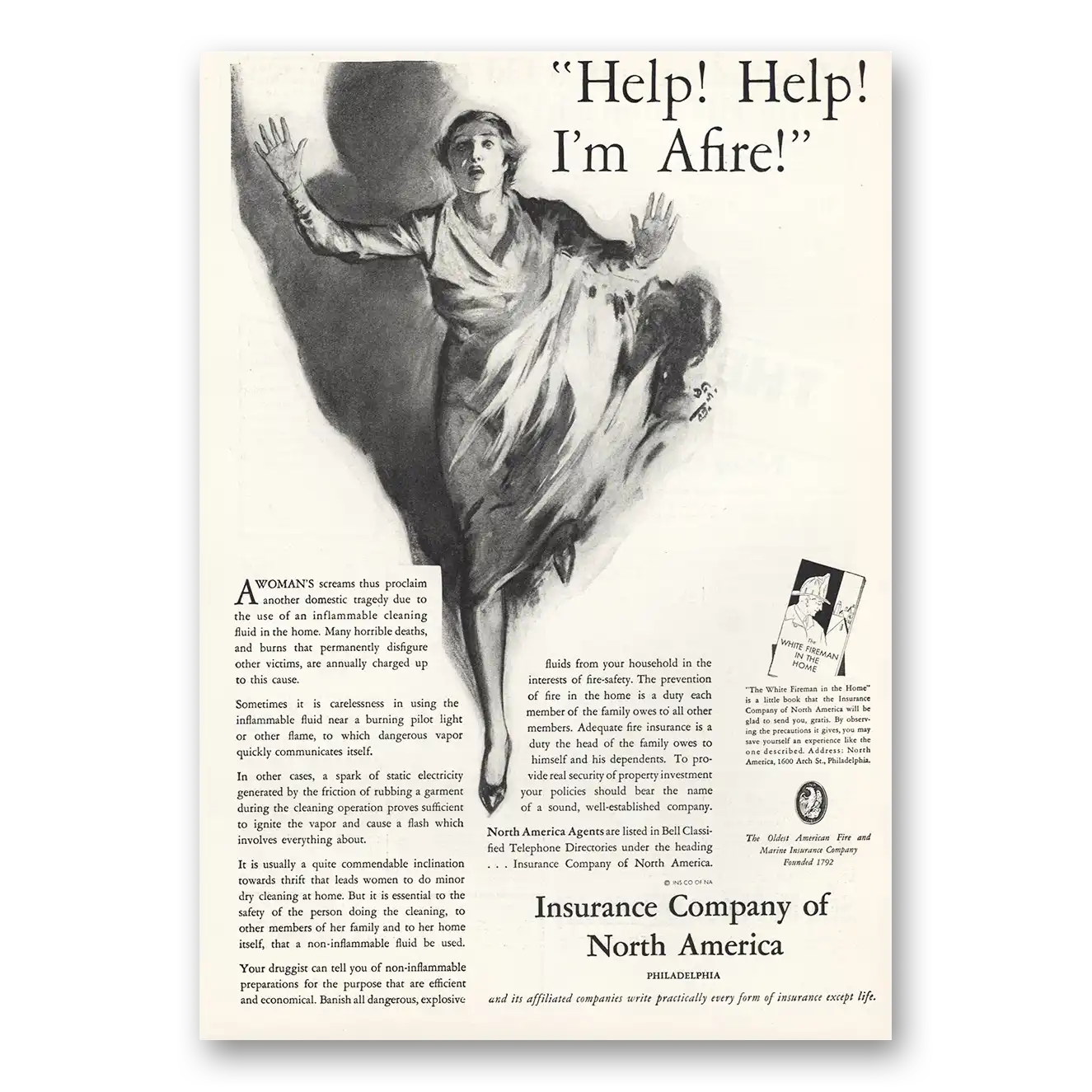 1932 Insurance Company North America INA Help Im Afire Vintage Magazine Print Ad