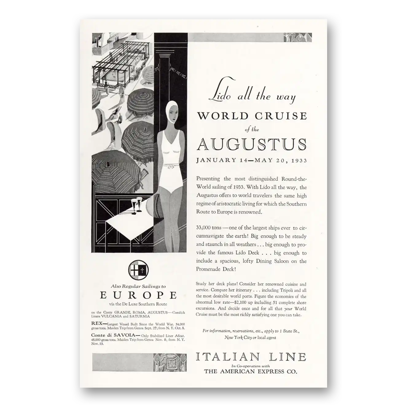 1932 Italian Line Augustus World Cruise of the Augustus Vintage Magazine Print Ad