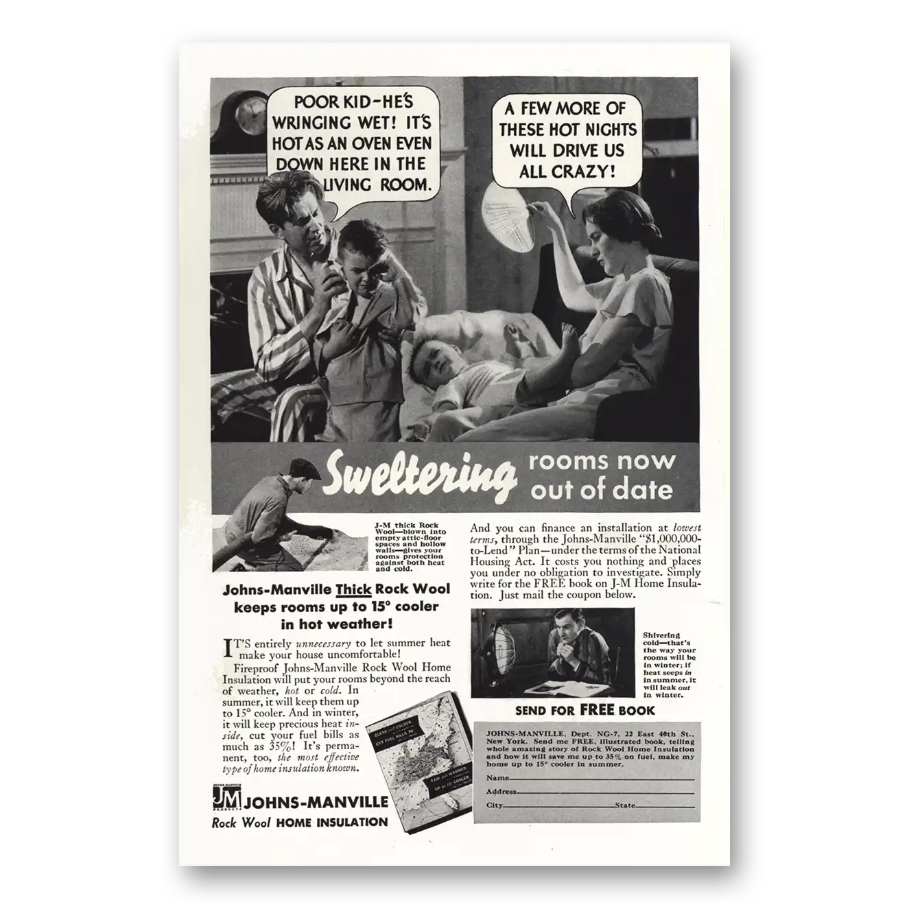 1932 Johns Manville Sweltering Rooms Now Out of Date Vintage Magazine Print Ad