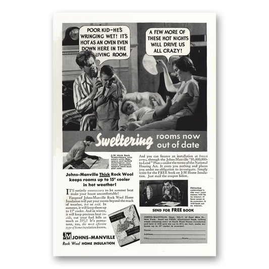 1932 Johns Manville Sweltering Rooms Now Out of Date Vintage Magazine Print Ad